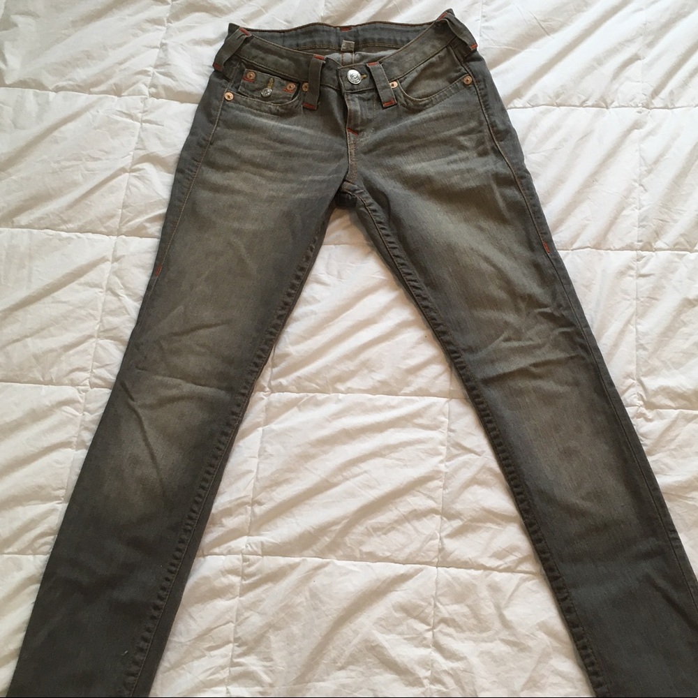True Religion women’s skinny Jean stone wash grey brown low ride 2/40